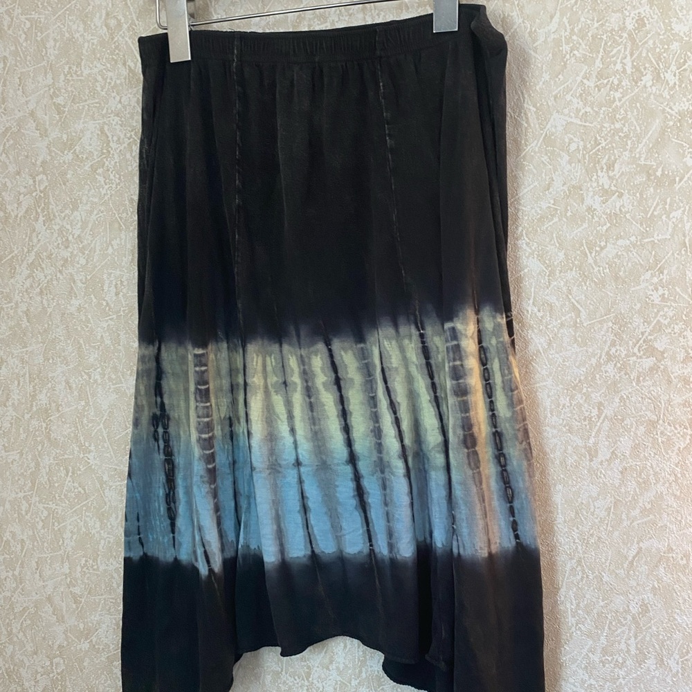 Black Tie-Dye Maxi Skirt with Blue & Cream Accents